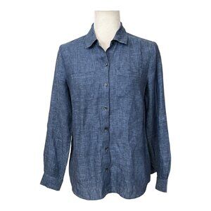 Charter Club Women's Top Button Down Shirt Navy Linen Long Sleeve Size L (PP)
